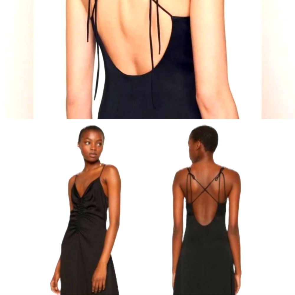 Jason Wu Women's Ruched Plunge V Neck Satin Midi Dress Black Size M